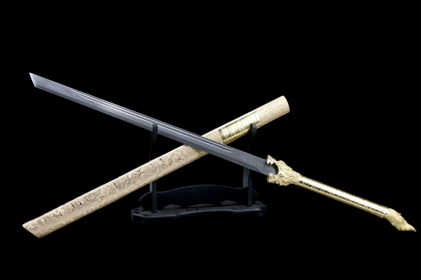 Wolf‑Head Sword, Damascus Steel Forged Blade, Alloy Fittings, Solid Wood Scabbard Wrapped with Dragon‑Pattern Artificial Leather, Collectible Display Sword