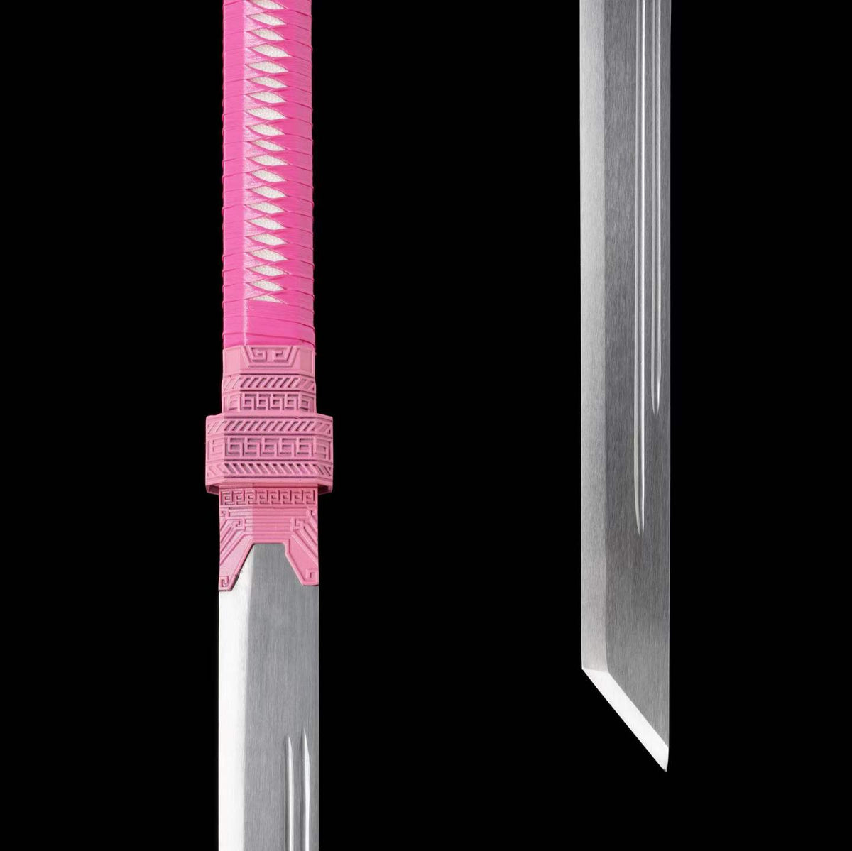 Pink Sakura Dawn Tang Dao, Full Tang, Forged High Manganese Steel, Sharp Edge, Alloy Fittings, Cord‑Wrapped Solid Wood Handle, Artificial Leather Wrapped Solid Wood Scabbard, Decorative Collectible Sword