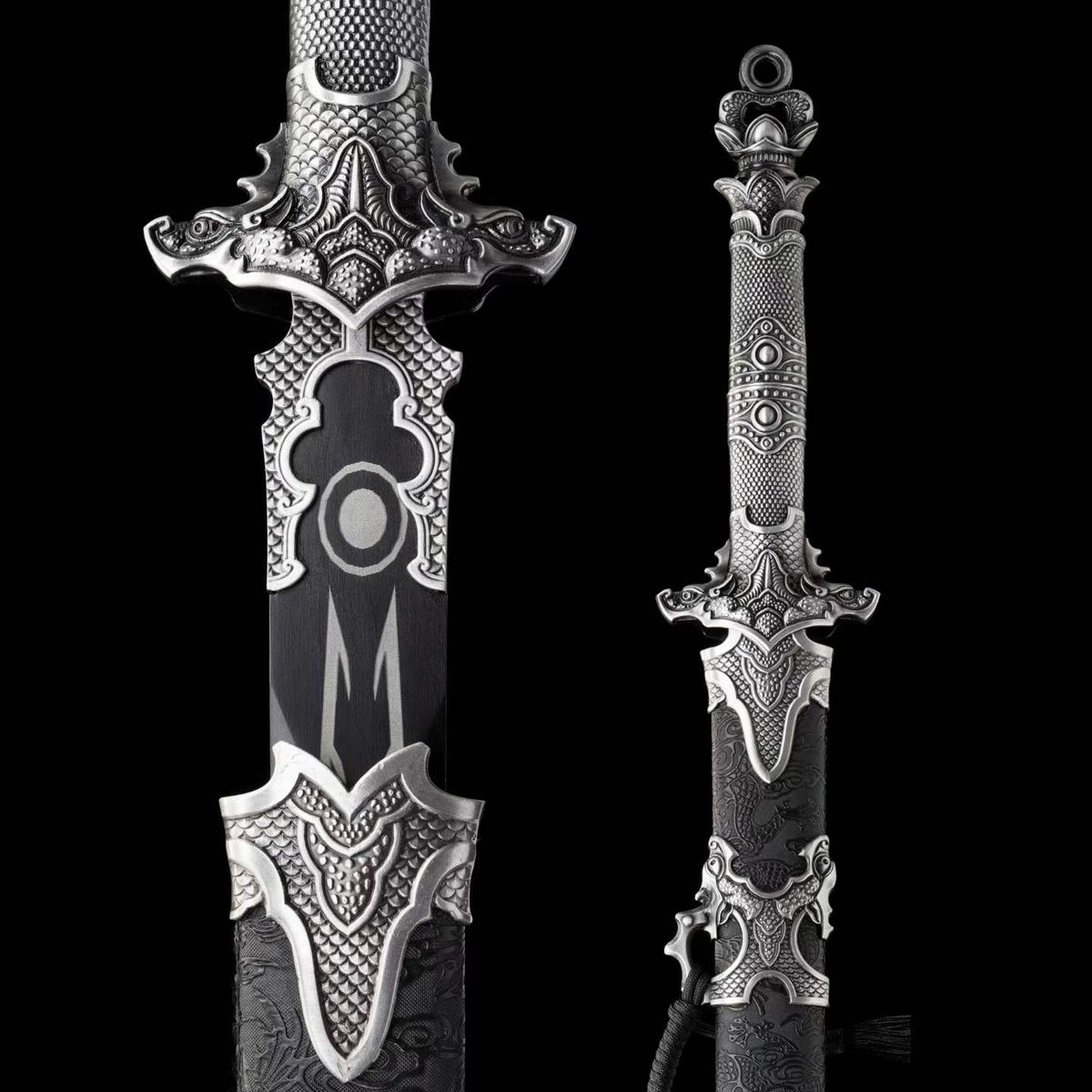 Xuan‑Lin Imperial Qilin Jian, Full Tang Construction, Sharp Blade, Forged High Manganese Steel, Alloy Fittings, One‑Piece Alloy Handle, Solid Wood Artificial Leather Wrapped Scabbard, Historical Collectible Chinese Sword