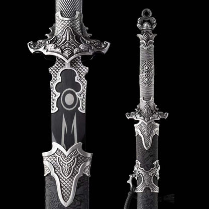 Xuan‑Lin Imperial Qilin Jian, Full Tang Construction, Sharp Blade, Forged High Manganese Steel, Alloy Fittings, One‑Piece Alloy Handle, Solid Wood Artificial Leather Wrapped Scabbard, Historical Collectible Chinese Sword
