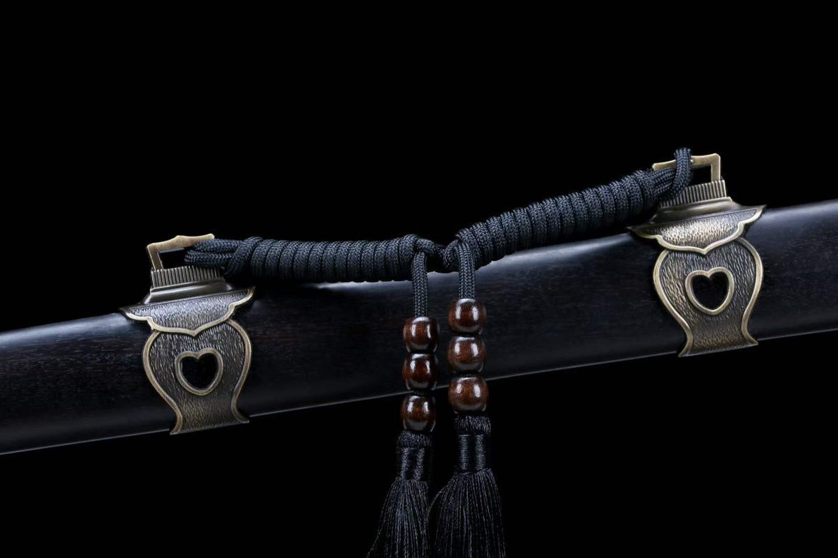 Ring Pommel Tang Dao, Full Tang Construction, Sharp Blade, Hand-Forged Damascus Steel Blade With Blood Groove, Zinc Alloy Antique Bronze Fittings, Premium Dragon Phoenix Hardwood Scabbard & Handle, Collectible Historical Chinese Sword