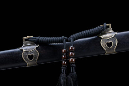 Ring Pommel Tang Dao, Full Tang Construction, Sharp Blade, Hand-Forged Damascus Steel Blade With Blood Groove, Zinc Alloy Antique Bronze Fittings, Premium Dragon Phoenix Hardwood Scabbard & Handle, Collectible Historical Chinese Sword