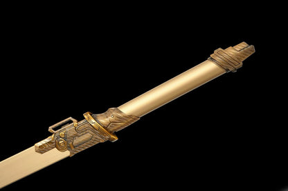 Cream Cyberpunk Tang Dao Full Tang Forged Steel Blade, Relatively Sharp Straight Sword with Imitation Bronze Tech Fittings Aluminum Alloy Scabbard for Cosplay Display Collection