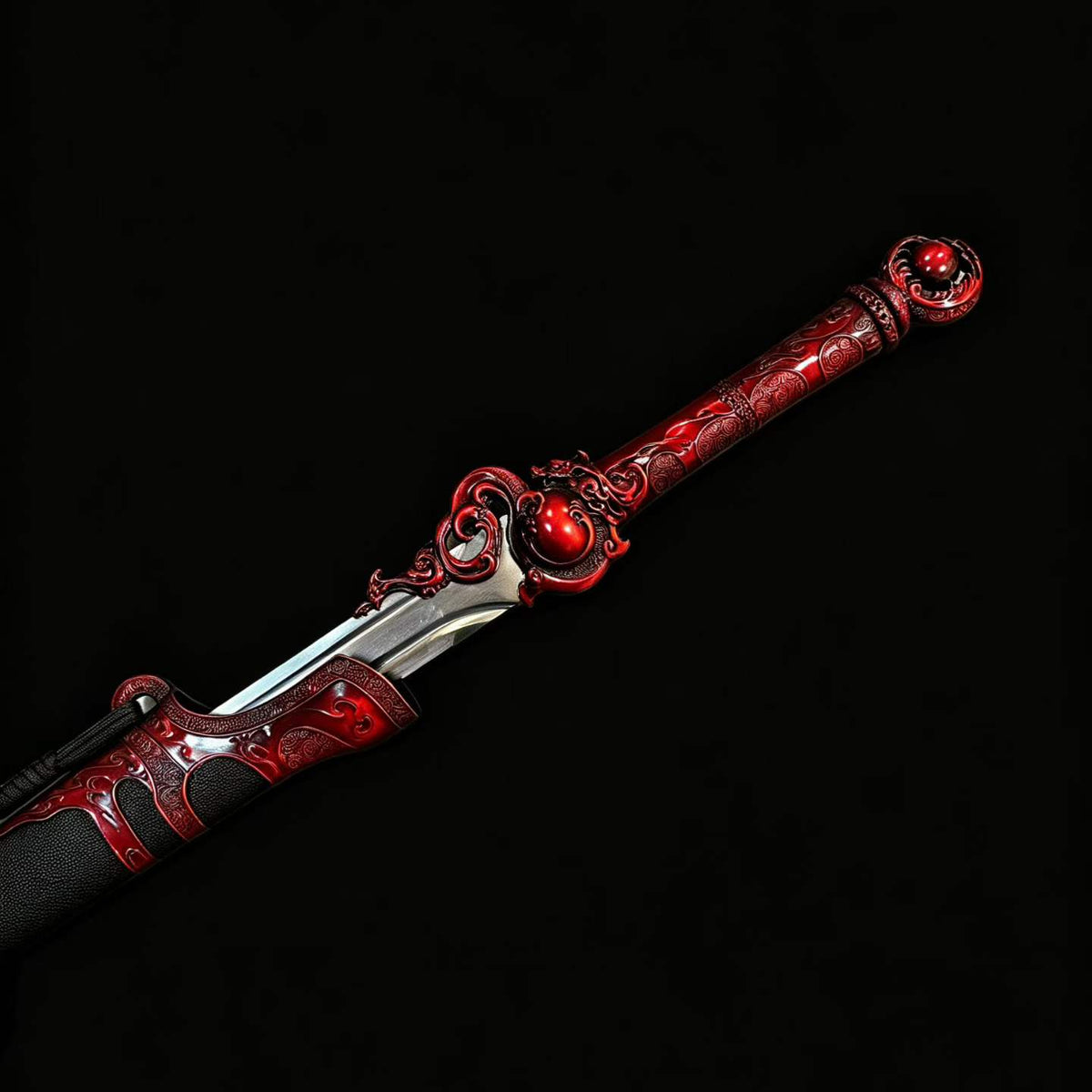 Blazing Dragon Soul Sword, One‑Piece Metal Handle, **Full Tang Construction, Sharp Blade**, Forged High‑Manganese Steel Blade, Red Alloy Dragon Fittings, Solid Wood Scabbard Wrapped in Artificial Leather, Chinese Fantasy Collectible Sword