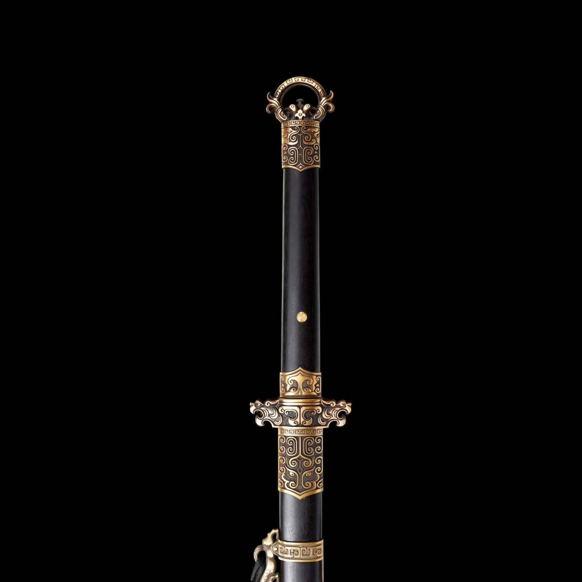 Taotao Ring Pommel Tang Dao, Full Tang Construction, Forged Damascus Steel Blade, Sharp Edge, Brass Taotao Carved Fittings, Premium Dragon Phoenix Rosewood Scabbard & Handle, Collectible Decorative Chinese Sword