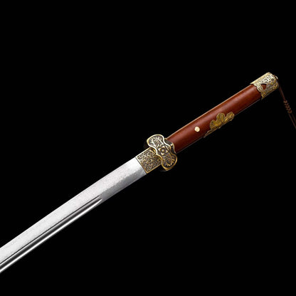 Full Tang Ding Baiying Chinese Sword, Forged Damascus Steel Sharp Blade, Brass Engraved Fittings, Dragon Phoenix Sandalwood Scabbard, Collectible Wuxia Sword