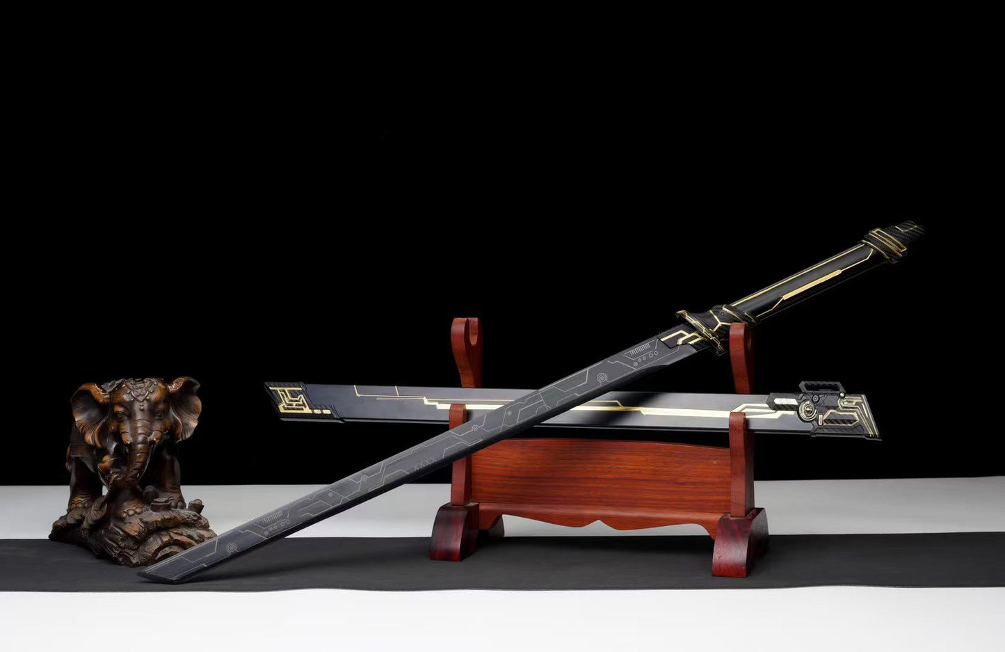 Golden Circuit Cyberpunk Tang Dao, Full Tang Forged Steel Straight Sword, Futuristic Sci-Fi Golden Circuit Etching with Aluminum Alloy Scabbard for Cosplay Display Collection