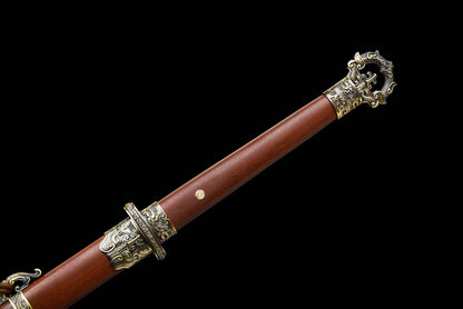 Lock‑Moon Ring‑Pommel Sword, Full Tang Construction, Sharp Blade, High‑Manganese Steel Forged Blade, Premium Dragon‑Phoenix Hardwood Handle And Scabbard, Historical Replica Collectible Sword