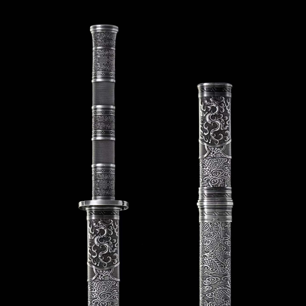 Full Tang Twin Dragon Mother & Son Sword Set, High Manganese Steel Chinese Double Sword, Sharp Blade, Antique Silver Carved Fittings, Decorative Collectible Sword