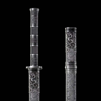 Full Tang Twin Dragon Mother & Son Sword Set, High Manganese Steel Chinese Double Sword, Sharp Blade, Antique Silver Carved Fittings, Decorative Collectible Sword