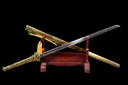 Full Tang Dragon Guardian Saber, Antique Bronze Dragon Alloy Fittings, Damascus Steel Sharp Edge, Antique Bronze Finished Solid Wood Scabbard, Chinese Collectible Sword