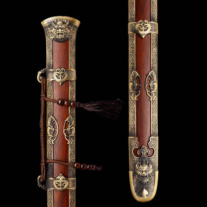 Yu‑Chen Coiled Dragon Jian, Full Tang Construction, Sharp Blade, Hand‑Forged Damascus Steel, Antique‑Finished Solid Copper Fittings, One‑Piece Copper Handle, Dragon‑Phoenix Hardwood Scabbard Wrapped With Full Copper, Historical Collectible Chinese Sword