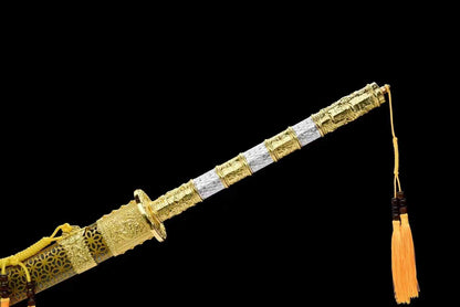 Kangxi Emperor Battle Dao, Full Tang Construction, High Manganese Steel Blade, Sharp Edge, Golden Alloy Luxury Fittings, Solid Wood Relief Scabbard, Collectible Decorative Chinese Sword