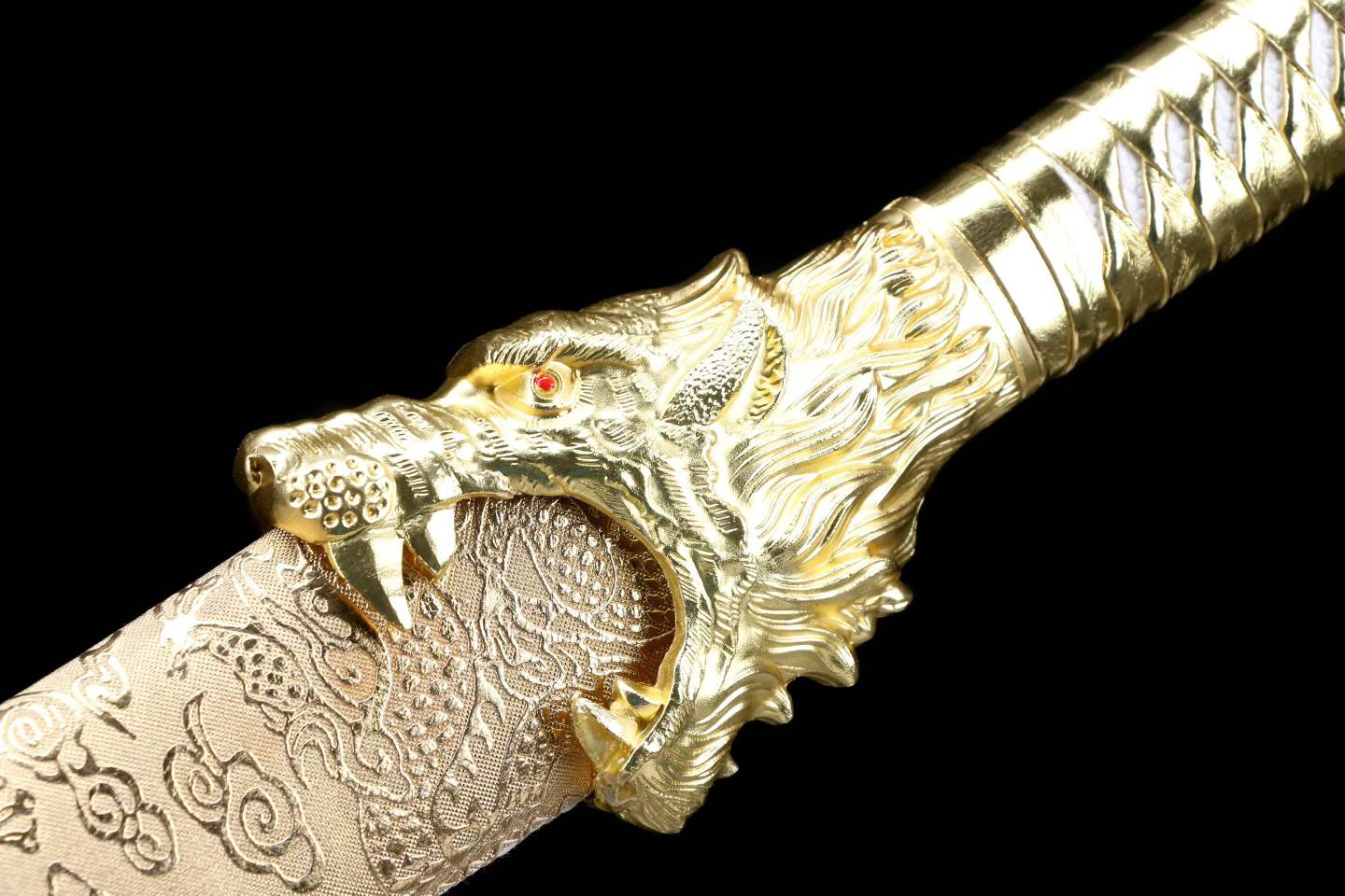Wolf‑Head Sword, Damascus Steel Forged Blade, Alloy Fittings, Solid Wood Scabbard Wrapped with Dragon‑Pattern Artificial Leather, Collectible Display Sword
