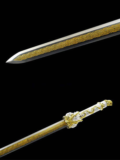 Dragon‑King Chinese Sword, Full Tang Construction, Sharp Blade, High‑Manganese Steel Eight‑Sided Blade With Engraved Gilded Pattern, Zinc Alloy Fittings, Premium Ebony Wood Scabbard, Myth‑Inspired Collectible Sword
