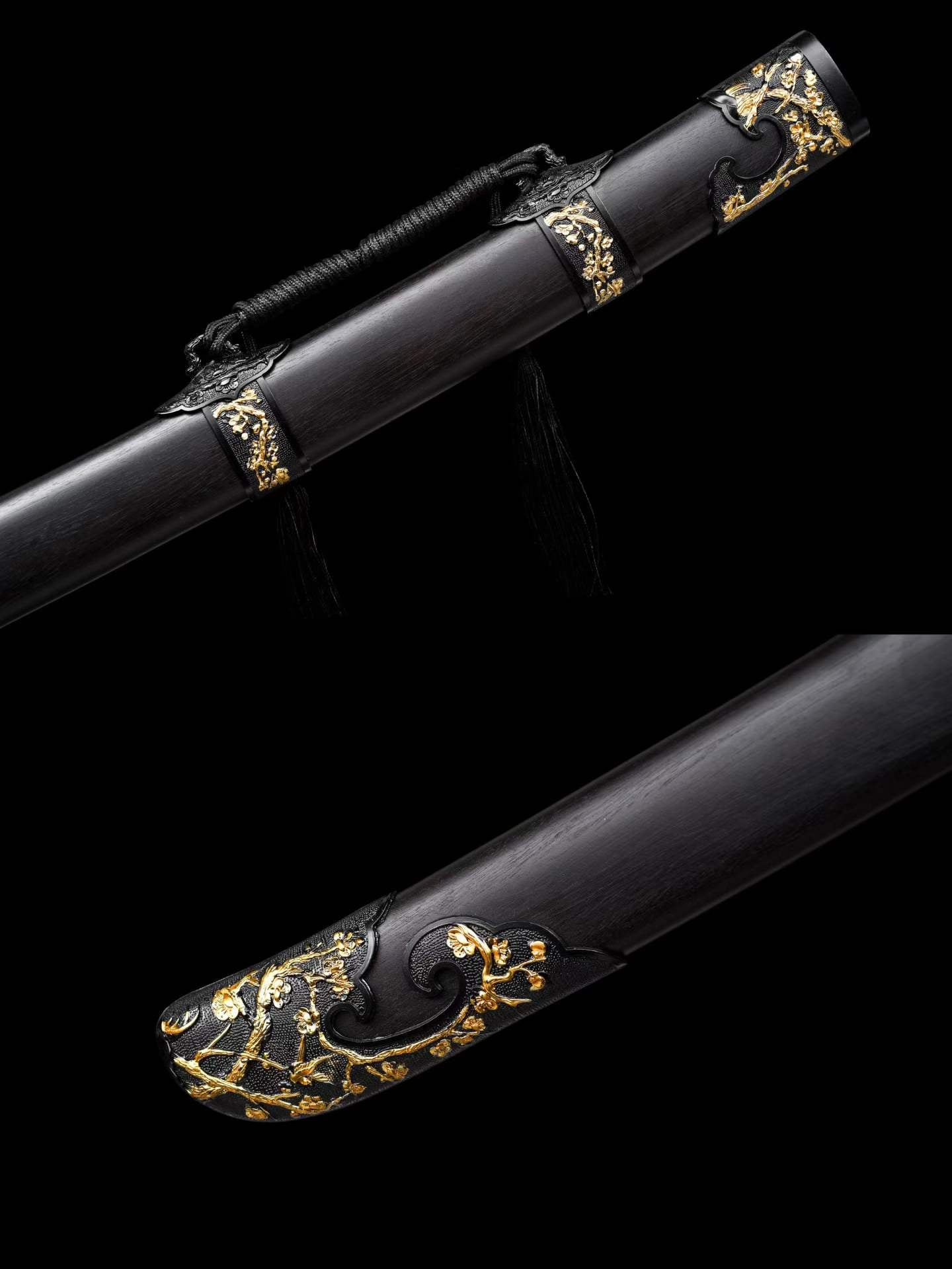 Han‑Mei‑Jin Spring‑Autumn Dao, Full Tang Construction, Sharp Blade, Damascus Steel Forged, Plum‑Blossom Alloy Fittings, Cord‑Wrapped Wood Handle, Premium Dragon‑Phoenix Hardwood Scabbard, Historical Replica Collectible Sword