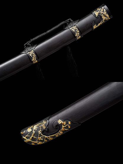 Han‑Mei‑Jin Spring‑Autumn Dao, Full Tang Construction, Sharp Blade, Damascus Steel Forged, Plum‑Blossom Alloy Fittings, Cord‑Wrapped Wood Handle, Premium Dragon‑Phoenix Hardwood Scabbard, Historical Replica Collectible Sword