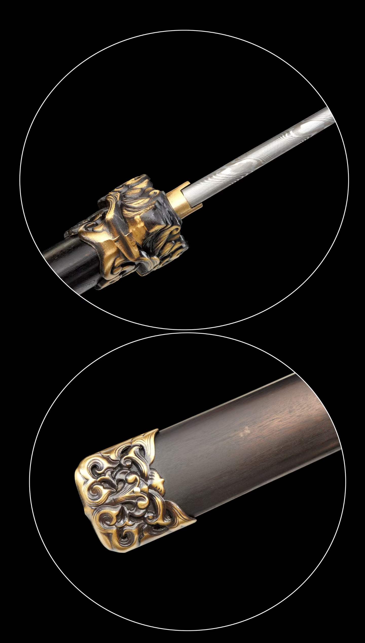 Full Tang Dao Replica, Sharpened Blade, Twist Pattern Damascus Steel Forged, Dragon‑Phoenix Sandalwood Scabbard & Handle, Brass Fittings Collectible Sword