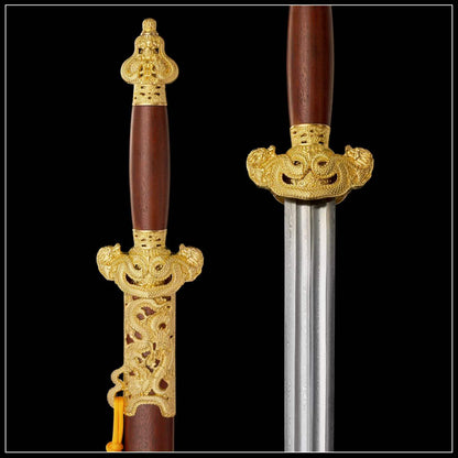 Nine‑Dragon Sword, Full Tang Hand Forged Damascus Steel Chinese Jian, Sharp Blade, Dual Fullers, Alloy Fittings With Gold‑Toned Open‑Work Dragon Ornaments, Dragon‑Phoenix Sandalwood Handle & Scabbard, Historical Collectible Sword