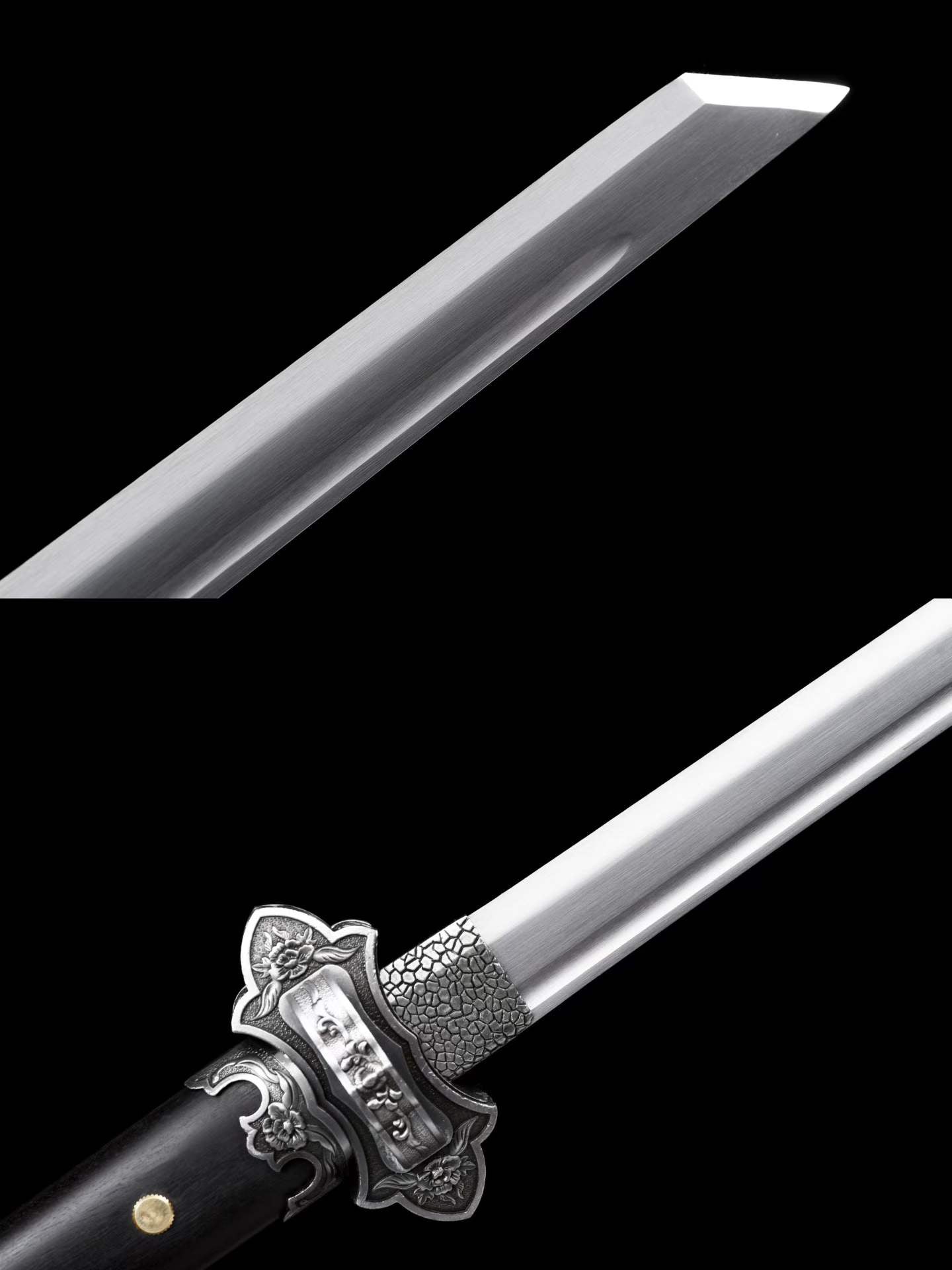 Jin‑Shuang Tang Dao, Full Tang Construction, Sharp Blade, High‑Manganese Steel Blade, Zinc‑Alloy Peony Engraved Fittings, Premium Ebony Wood Handle And Scabbard, Historical Replica Collectible Sword