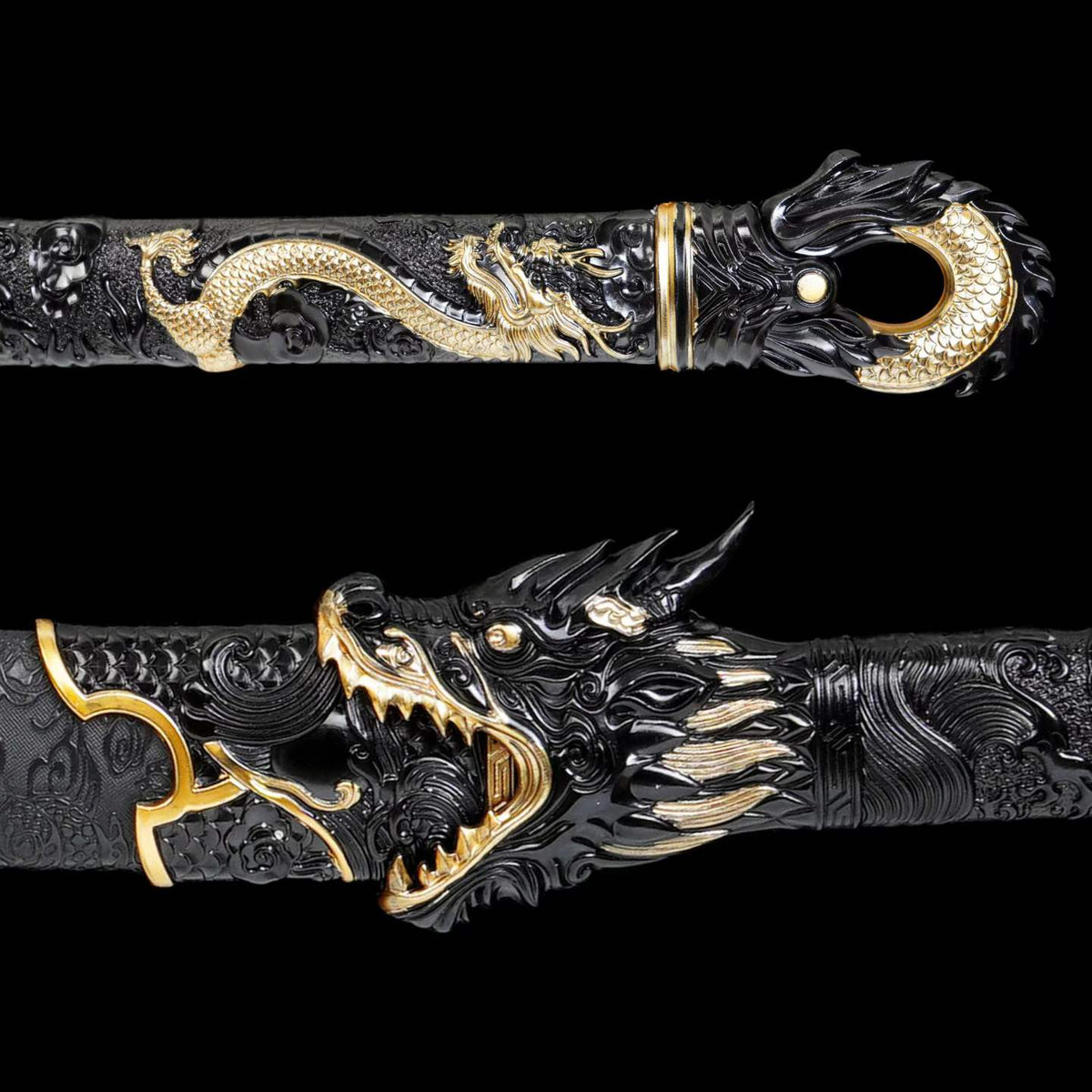 Black Dragon Battle Dao, Full Tang Construction, High Manganese Steel Blade, Alloy Fittings, Artificial Leather Wrapped Solid Wood Scabbard, Collectible Decorative Chinese Sword
