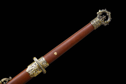 Ring-Pommel Tang Dao, Full Tang Construction, Sharp Blade, Forged High Manganese Steel, Alloy Fittings, Premium Dragon-Phoenix Hardwood Handle & Scabbard, Historical Chinese Collectible Sword