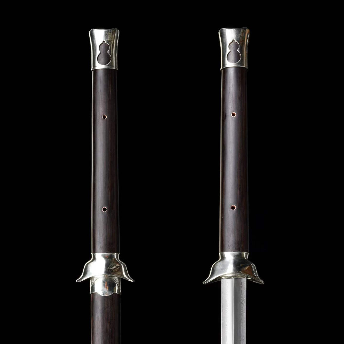 Plain‑Fitted White Copper Ingot Two‑Handed Chinese Jian, Full Tang Construction, Sharp Blade, Hand Forged Damascus Steel Blade, Premium Ebony Wood Handle And Scabbard, Historical Replica Collectible Sword