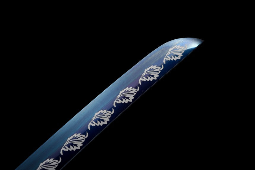 Qinghe Waming Katana, Full Tang Construction, High Manganese Steel Blade, Silver Alloy Lotus & Frog Fittings, Silver Artificial Leather Wrapped Solid Wood Scabbard, Collectible Decorative Sword