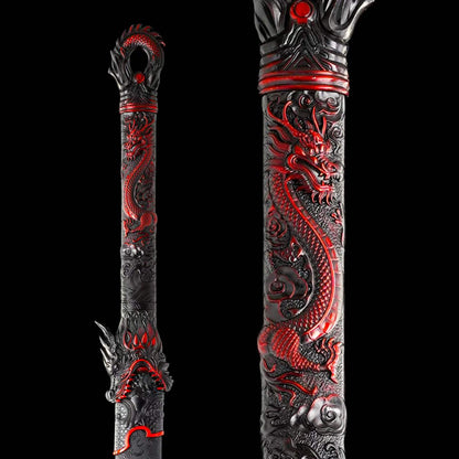 Full Tang Dragon Themed Straight Sword Replica, Sharp Cutting Edge, High‑Manganese Steel Blade, One‑Piece Alloy Handle, Wood Artificial Leather Scabbard Historical Collectible Sword