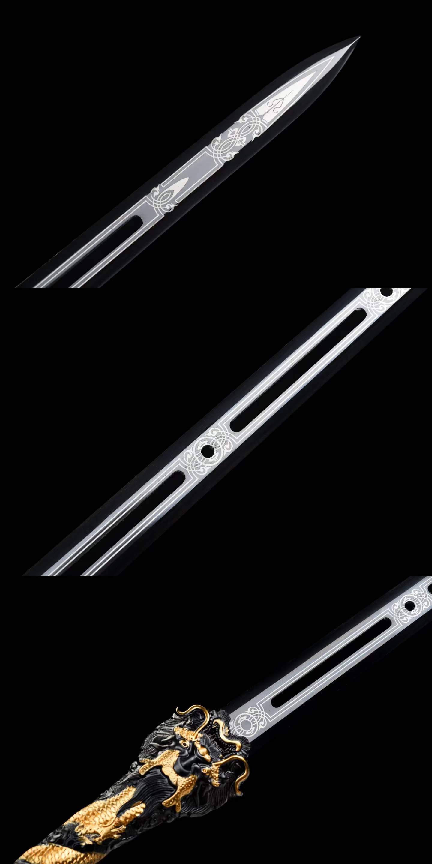 Cang‑Lan Dragon Sky Sword, High‑Manganese Steel Hollow Groove Blade, Full Tang Metal Hilt, Wood Artificial Leather Scabbard Collectible Chinese Sword