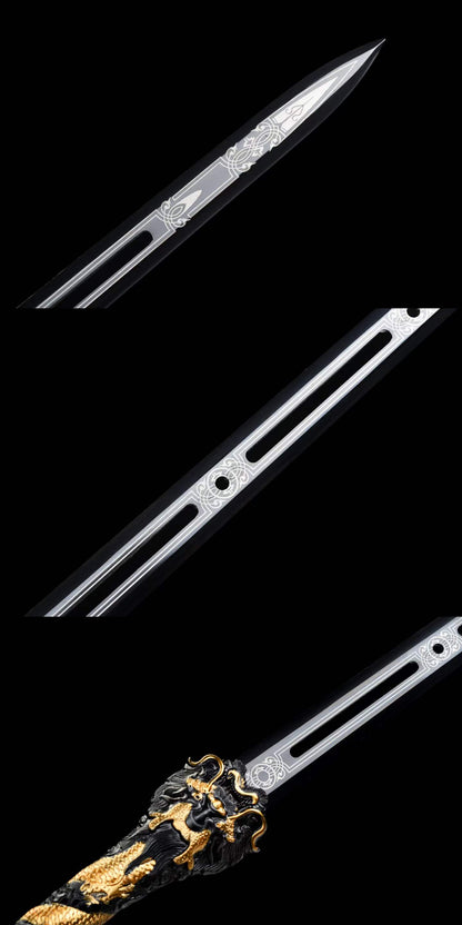 Cang‑Lan Dragon Sky Sword, High‑Manganese Steel Hollow Groove Blade, Full Tang Metal Hilt, Wood Artificial Leather Scabbard Collectible Chinese Sword