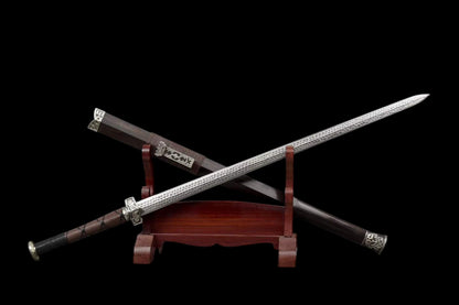 Xuan‑Lan Han Jian, Full Tang Construction, Sharp Blade, Hand‑Forged Stone‑Textured Damascus Steel, Hand‑Carved White‑Copper Fittings, Precious Ebony Wood Scabbard, Historical Collectible Chinese Sword