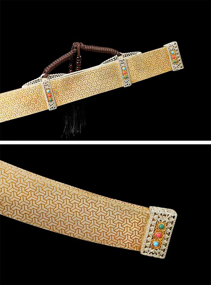 Full Tang Golden Talisman Saber, Hand Carved Two-Tone Copper Fittings, Solid Wood Handle Wrapped with Cord, Damascus Steel Sharp Edge, Pure Copper Wrapped Solid Wood Scabbard, Chinese Collectible Sword