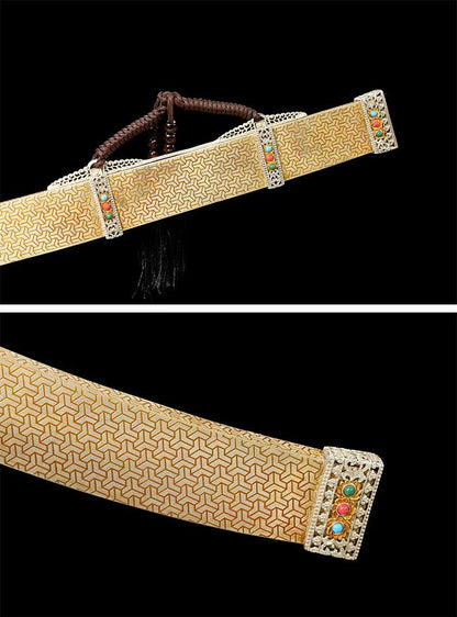 Full Tang Golden Talisman Saber, Hand Carved Two-Tone Copper Fittings, Solid Wood Handle Wrapped with Cord, Damascus Steel Sharp Edge, Pure Copper Wrapped Solid Wood Scabbard, Chinese Collectible Sword