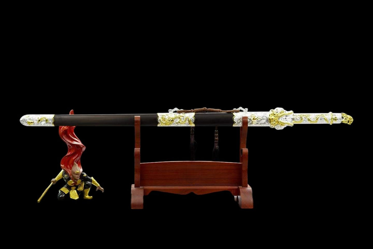 Golden Dragon Koi Chinese Jian, Full Tang Construction, High Manganese Steel Blade, Sharp Edge, Alloy Fittings, Premium Ebony Scabbard, Collectible Decorative Chinese Sword