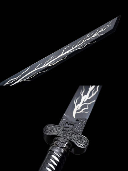 Thunder Tribulation Blade, Full Tang Construction, Forged High Manganese Steel, Sharp Edge, Alloy Fittings, Cord Wrapped Solid Wood Handle, Artificial Leather Wrapped Solid Wood Scabbard, Collectible Decorative Sword