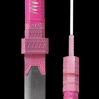 Pink Sakura Dawn Tang Dao, Full Tang, Forged High Manganese Steel, Sharp Edge, Alloy Fittings, Cord‑Wrapped Solid Wood Handle, Artificial Leather Wrapped Solid Wood Scabbard, Decorative Collectible Sword
