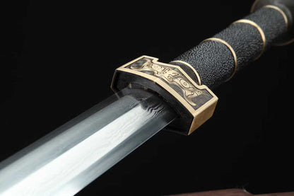 20‑Inch Black Ray‑Skin Ruyi Chinese Jian, Full Tang Construction, Sharp Blade, Hand Forged Damascus Steel Blade, Aged Solid Copper Fittings, Genuine Ray‑Skin Wrapped Scabbard, Historical Replica Collectible Sword