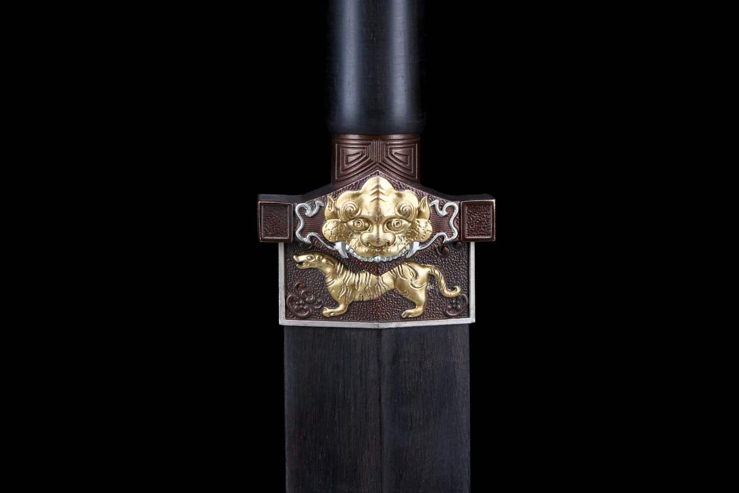 Token Sword, Full Tang, Hand Forged Damascus Steel Chinese Jian, Sharp Blade, Copper Gilt‑Silver Fittings, Ebony Wood Handle & Scabbard, Historical Collectible Sword