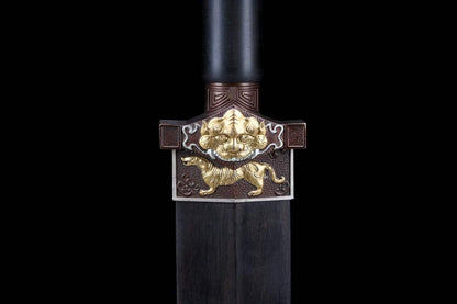Token Sword, Full Tang, Hand Forged Damascus Steel Chinese Jian, Sharp Blade, Copper Gilt‑Silver Fittings, Ebony Wood Handle & Scabbard, Historical Collectible Sword