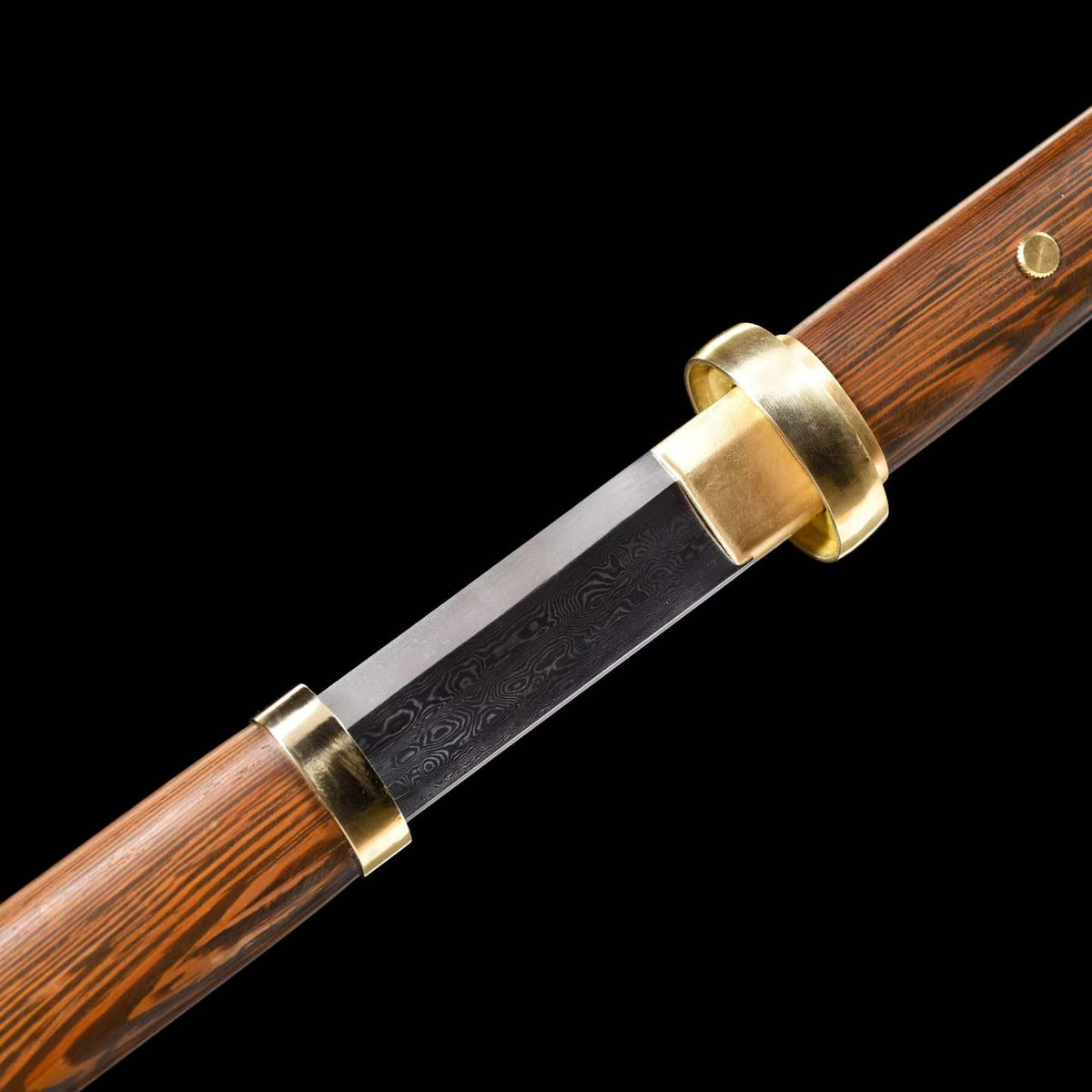 Straight Chinese Tang Dao, Full Tang Construction, Hand-Forged Damascus Steel Blade, Sharp Edge, Hand Polished, Brass Fittings, Premium Wenge Wood Scabbard & Handle, Collectible Chinese Sword