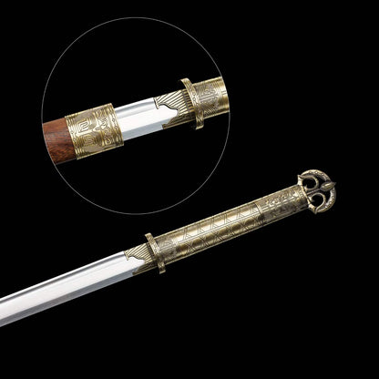 You‑Yun Tang Dao, Full Tang Construction, Sharp Blade, High‑Manganese Steel Blade, Alloy Fittings With Antique Meander Engraving, All‑Metal Integrated Handle, Premium Wing Wood Scabbard, Historical Collectible Chinese Sword