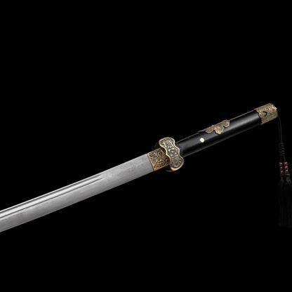 Full Tang Black Ding Baiying Chinese Sword, Forged Damascus Steel Sharp Blade, Brass Engraved Fittings, Dark Dragon Phoenix Sandalwood Scabbard, Wuxia Collectible Sword