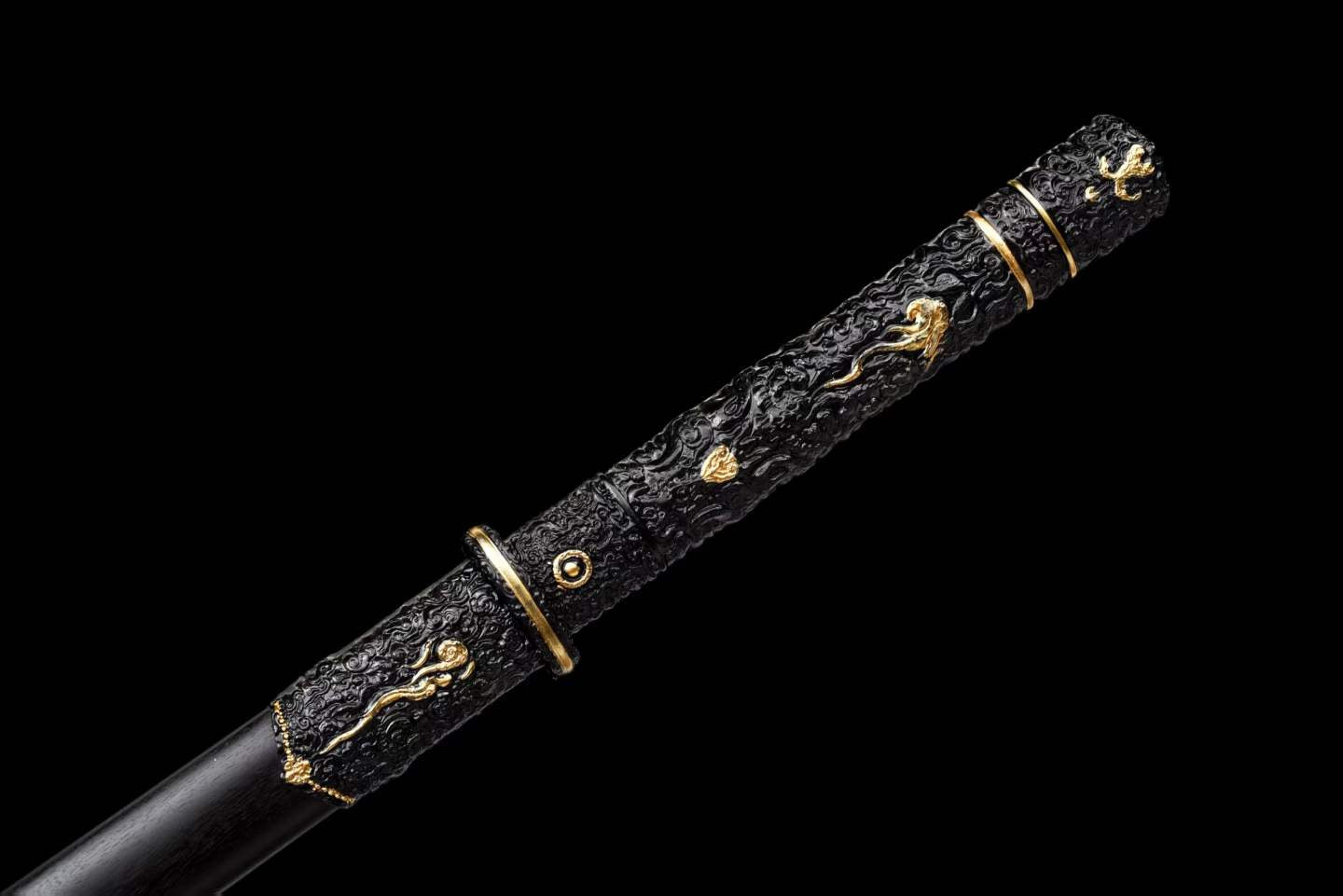Integrated Full Tang High‑Manganese Steel Tang Straight Dao, Sharp Blade, One‑Piece Metal Handle, Solid Wood Scabbard Black‑Gold Dragon Pattern Ancient Chinese Collectible Sword