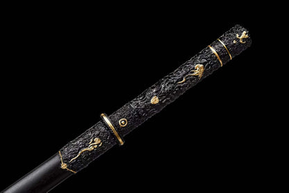 Integrated Full Tang High‑Manganese Steel Tang Straight Dao, Sharp Blade, One‑Piece Metal Handle, Solid Wood Scabbard Black‑Gold Dragon Pattern Ancient Chinese Collectible Sword