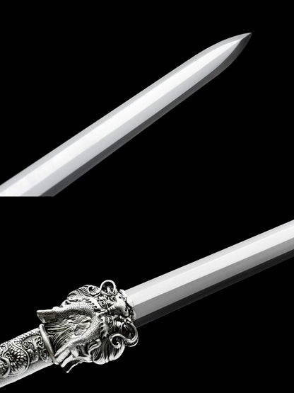 Cang‑Lan Dragon Sovereign Jian, Full Tang Construction, Sharp Blade, High Manganese Steel Octahedral Blade, Alloy Dragon‑Wave Fittings, Premium Ebony Wood Scabbard, Historical Collectible Chinese Sword