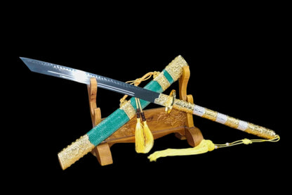 Full Tang Kirin Kangxi Imperial Saber, T10 Steel Clay Tempered Blade, Twin Fullers, Alloy Kirin Fittings, Imitation Ray Skin Wrapped Scabbard, Chinese Collectible Qing Dynasty Sword