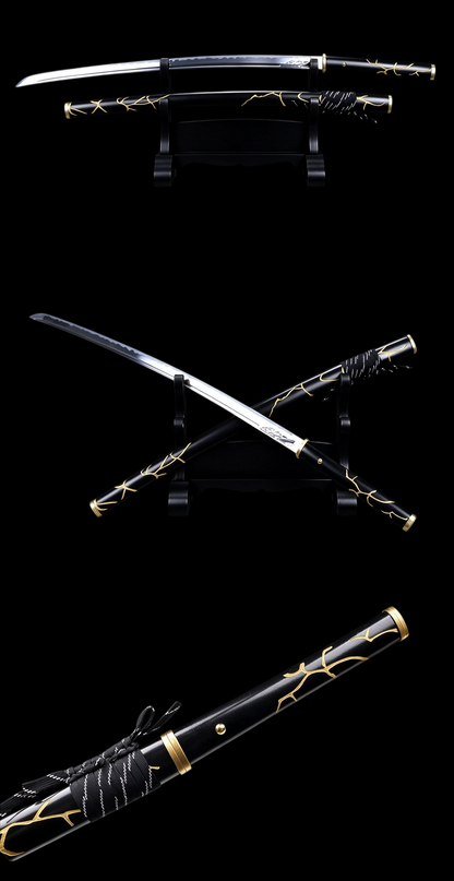 Nightbreak Gilded Katana, Full Tang Construction, High Manganese Steel Blade, Sharp Edge, Brass Fittings, Solid Wood Hand Lacquer Scabbard, Game Replica Sheep Hoof Mountain Soul Samurai Sword