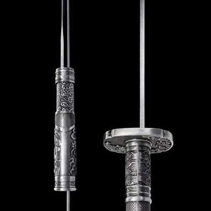 Full Tang Twin Dragon Mother & Son Sword Set, High Manganese Steel Chinese Double Sword, Sharp Blade, Antique Silver Carved Fittings, Decorative Collectible Sword