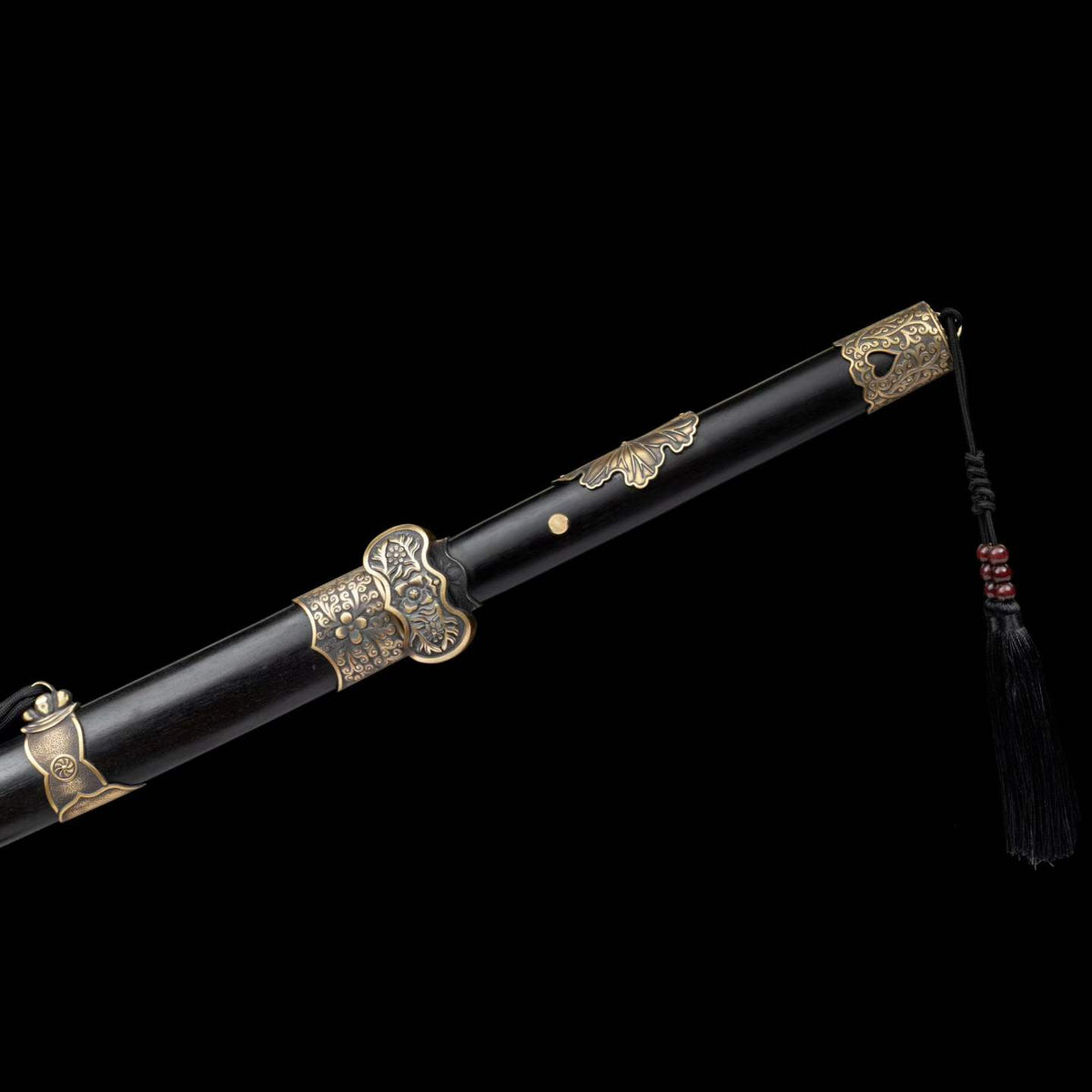 Full Tang Black Ding Baiying Chinese Sword, Forged Damascus Steel Sharp Blade, Brass Engraved Fittings, Dark Dragon Phoenix Sandalwood Scabbard, Wuxia Collectible Sword